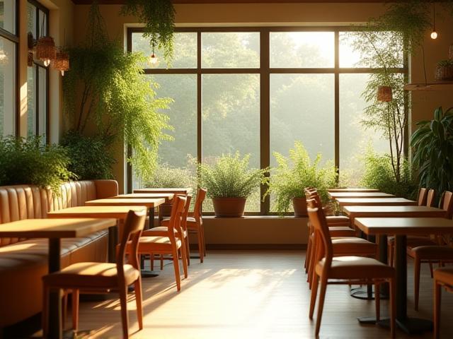 Bol doğal ışık alan öğle vakti kafe iç mekan fotoğrafı