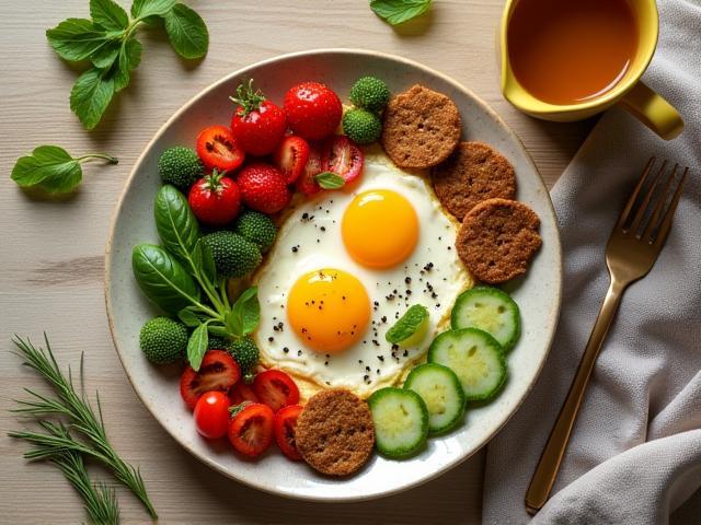 Renkli ve doğal kahvaltı tabağı flatlay görünümü